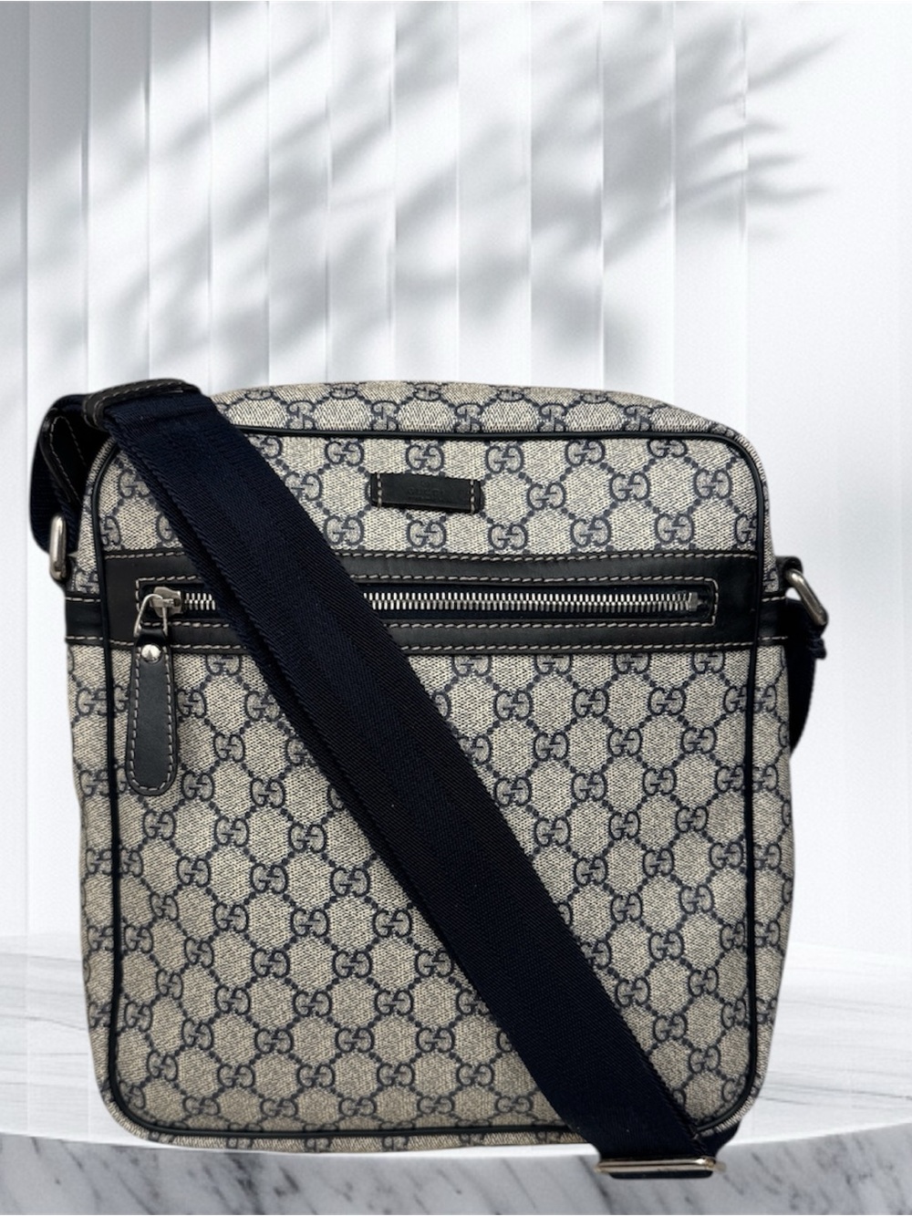 Gucci Beige and Navy GG Monogram Messenger Bag
